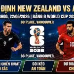 Poster trận đấu World Cup 2026 giữa New Zealand vs Ai Cập tại sân BC Place, Vancouver, với sự góp mặt của Chris Wood và Mohamed Salah.